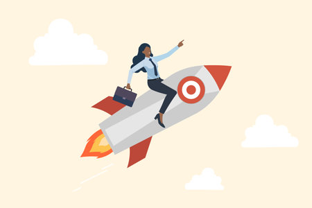 The concept of a leader, manager, and businesswoman is being discussed by many people, African American business woman riding rocket and leader pointing direction business,successfのイラスト素材