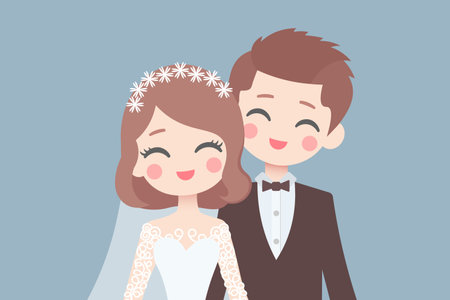 Wedding marriage ceremony, happy cute Bride and groom at wedding, Young love couple getting married, valentine day and matrimony invitation card concept, love vector illustrationのイラスト素材