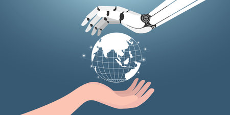 Human hands and AI robot hands holding the planet earth. artificial intelligence Machine Learning Help humans take care of the world,Machine Learning, A world in which AI is everytのイラスト素材