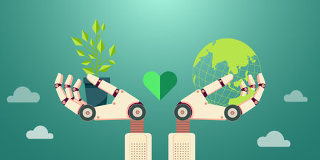 Robot hand holding green plant or tree seedlings and green Earth,
concept of applying Ai,Artificial Intelligence Technology in Agriculture and nature conservation,Clean energy AI tのイラスト素材