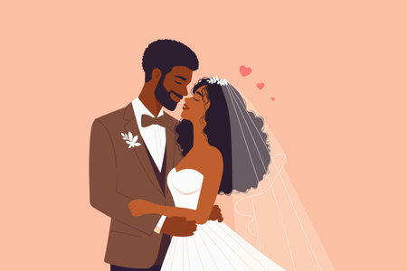 african american bride and groom are kissing,husband and wife in wedding attire on wedding day,concept of couple married for Valentine, Love Day, or celebration of love,vector loveのイラスト素材