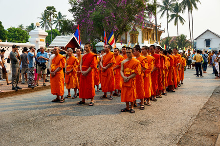 LUANG PRABANG, LAOS - APRIL 17. 2019. Local Lao people celebrating Pi Mai. Lao New Year Parade,...