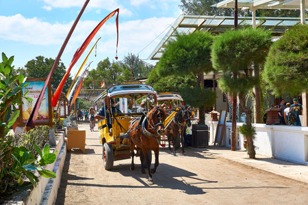 TRAWANGAN, INDONESIA - AUGUST.15.2019: Horse coach is the only transportation on gili trawangan.のeditorial素材