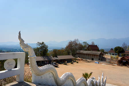 Pai, Thailand - February.05.2020: Summer landscape mountains and blue sky at pai White buddha...