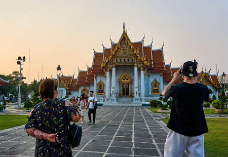 Bangkok, Thailand - January.19.2020: Marble temple (Wat Benchamabophit Dusitvanaram) in Bangkok at sunsetのeditorial素材