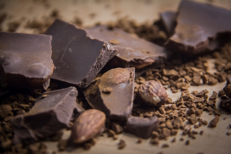 Dark chocolate stack on the wooden,Close up chocolateの写真素材
