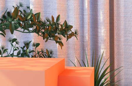 Premium podium 3d Rendering leaves, fabric and natural wood. Mock up for the exhibitions,presentation of products, therapy, relaxation and healthの写真素材