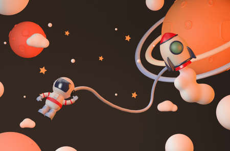 Astronaut and rocket 3D rendering in the stratosphere , star ,gravity,cute