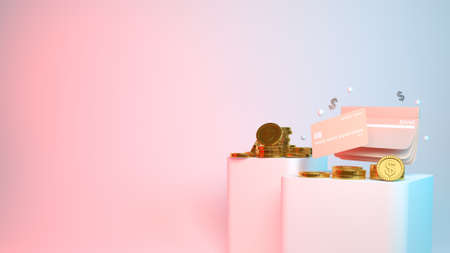 3D Money and credit card on pink and blue background, 3d rendering illustrationの写真素材