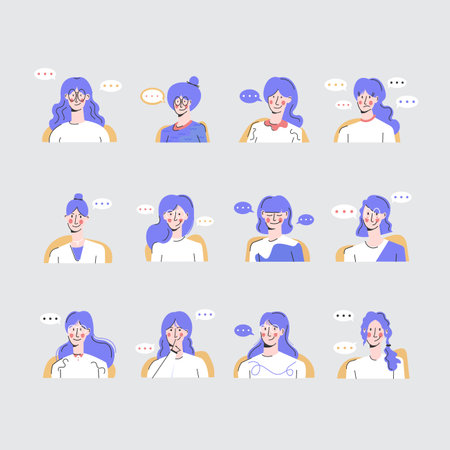 young woman happy, sad, irresolute and smile with speech bubble flat vector illustration.のイラスト素材