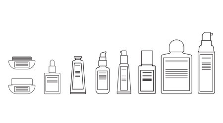 outline body lotions, cream, sunscreen, serum, packaging  bottle cosmetic flat designのイラスト素材