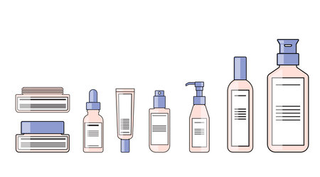 color and outline body lotions, serum, sunscreen, cream packaging pump bottle cosmetic flat designのイラスト素材