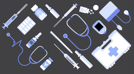 Medical equipment Simple set vector, Dental, pill, vaccine flat designのイラスト素材