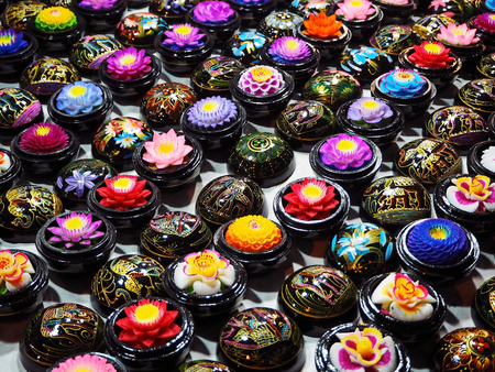 Colorful Aroma Flower Soaps in the Small Black Round Lacquered Boxesの写真素材