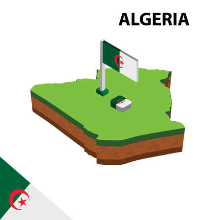 Isometric map and flag of Algeria . 3D isometric Vector Illustrationのイラスト素材