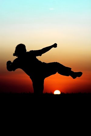 Silhouette of person performing martial arts in front of  beautiful sunsetの写真素材