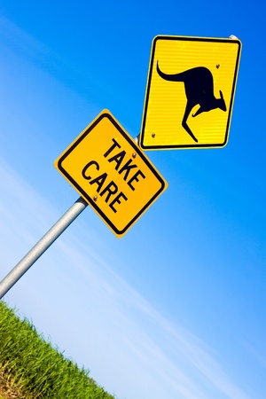 Closeup of kangaroo road warning sign against a blue skyの写真素材