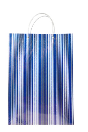 A fancy blue striped shopping bag isolated over white.の写真素材