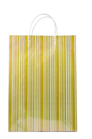 A fancy golden striped shopping bag isolated over white.の写真素材