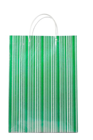 A fancy green striped shopping bag isolated over white.の写真素材