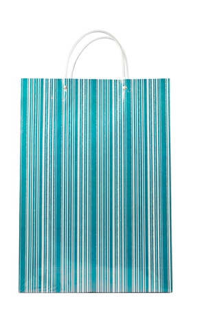 A fancy turquoise striped shopping bag isolated over white.の写真素材