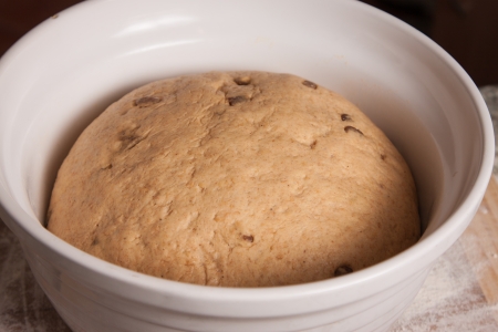 Close-up of a bread dough with sultanas or raisins rising in a white bowl の写真素材