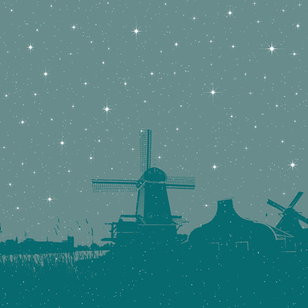 Starry winter holiday background windmills sceneのイラスト素材