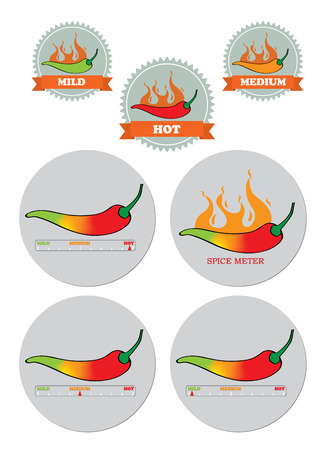 Chili spice meter info graphics icon elements different color stages green for mild, yellow orange   for medium and red for hotのイラスト素材
