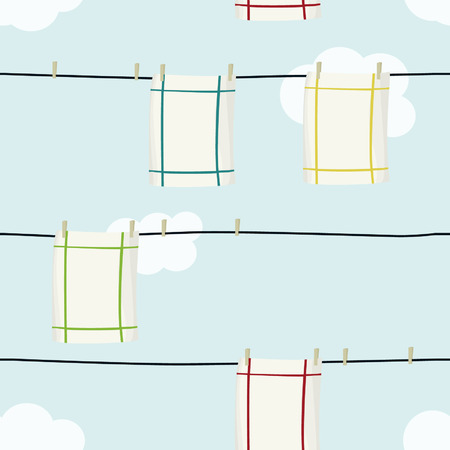 Hanging dishcloths on clothesline - vector backgroundのイラスト素材