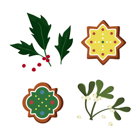 Gingerbread, holly tree and mistletoe - vector illustrationのイラスト素材