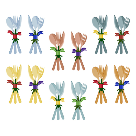 Set of cutlery decorated with spruce branch and ribbon - vector illustrationのイラスト素材