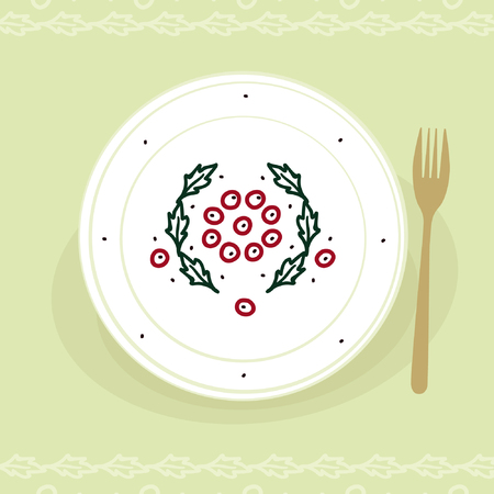 Plate decorated with holly leaves and berries - vector illustrationのイラスト素材