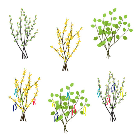 Set of Forsythia, willow and birch bouquets - vector illustrationのイラスト素材
