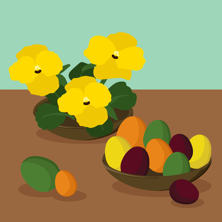Colored eggs and pansy flower - vector illustrationのイラスト素材