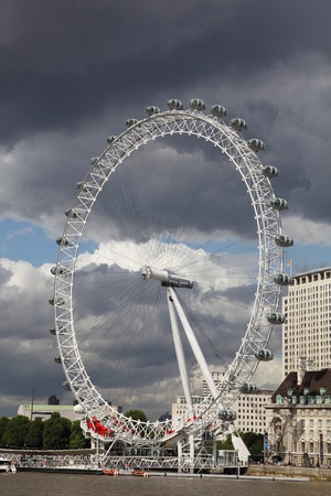 London, United Kingdom - July 27, 2009: View on the London Eye along the bank of the Thames River in London England which is the tallest ferris wheel in Europe. It is a very popular tourist attraction. のeditorial素材