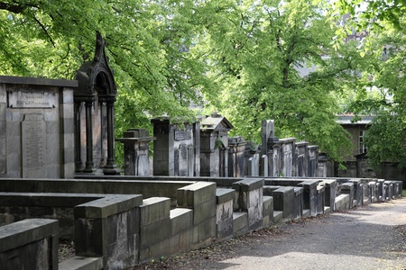 Edinburgh, Scotland, UK - June 07, 2009: View on an alley of tombstone within greyfriars churchyard located at the southern edge of the Old Town.のeditorial素材