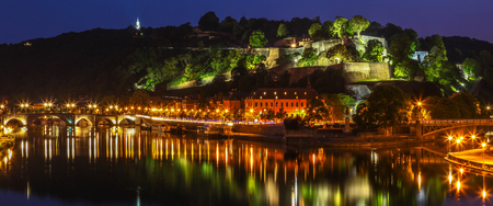 Namur, Belgium, by night with view on the citadel and bridgesのeditorial素材