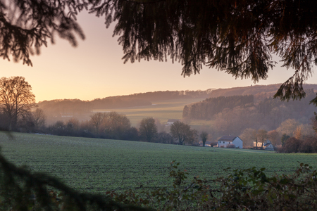 View on the valley around Gesves, in Wallonia, near Namur and the Ardennes.の写真素材