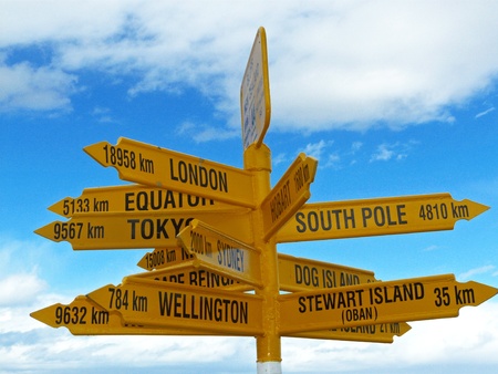 Sign in Stirling point, New Zealandの写真素材