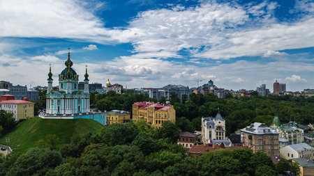 Aerial top view of Saint Andrew's church from above, Podol district, city of Kiev (Kyiv), Ukraineのeditorial素材