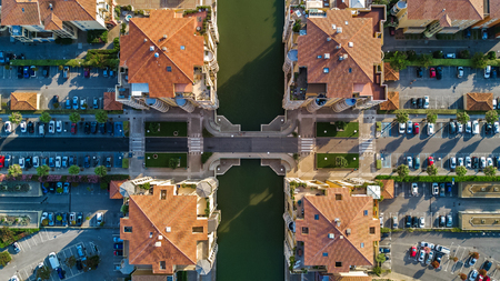 Aerial view of modern residential district and houses from above, real estate conceptの写真素材