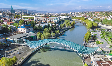 Tbilisi skyline aerial drone view from above, Kura river and old town of Tbilisi cityscape, Georgiaのeditorial素材