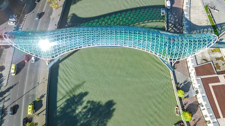 Tbilisi skyline aerial drone view from above, Kura river and old town of Tbilisi cityscape, Georgiaのeditorial素材