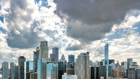Chicago skyline aerial drone view from above, city of Chicago downtown skyscrapers and lake Michigan cityscape, Illinois, USAのeditorial素材