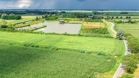 Aerial drone view of green fields and farm houses near canal from above, typical Dutch landscape, Holland, Netherlandsの写真素材
