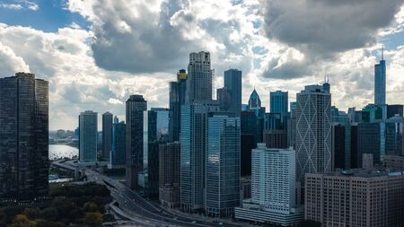 Chicago skyline aerial drone view from above, city of Chicago downtown skyscrapers and lake Michigan...