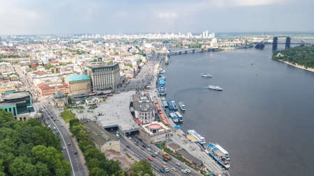 Aerial top view of Kyiv cityscape, Dnieper river and Podol historical district skyline from above, city of Kiev, Ukraineのeditorial素材