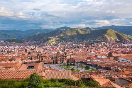 Cusco, view of centre and cityscape of city and mountains from above, Peru, South Americaの写真素材