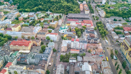 Aerial top view of Kyiv cityscape, Podol historical district skyline from above, city of Kiev,...