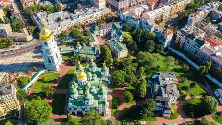 Aerial drone view of St Sophia cathedral and Kiev city skyline from above, Kyiv cityscape, capital...